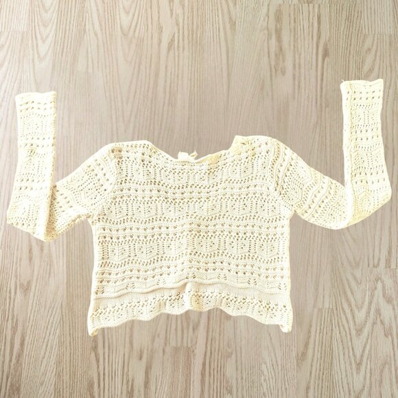 Boho Cream Crochet Knit Crop Sweater Top Size XL Sky and Sparrow Long Sleeve - Picture 6 of 10